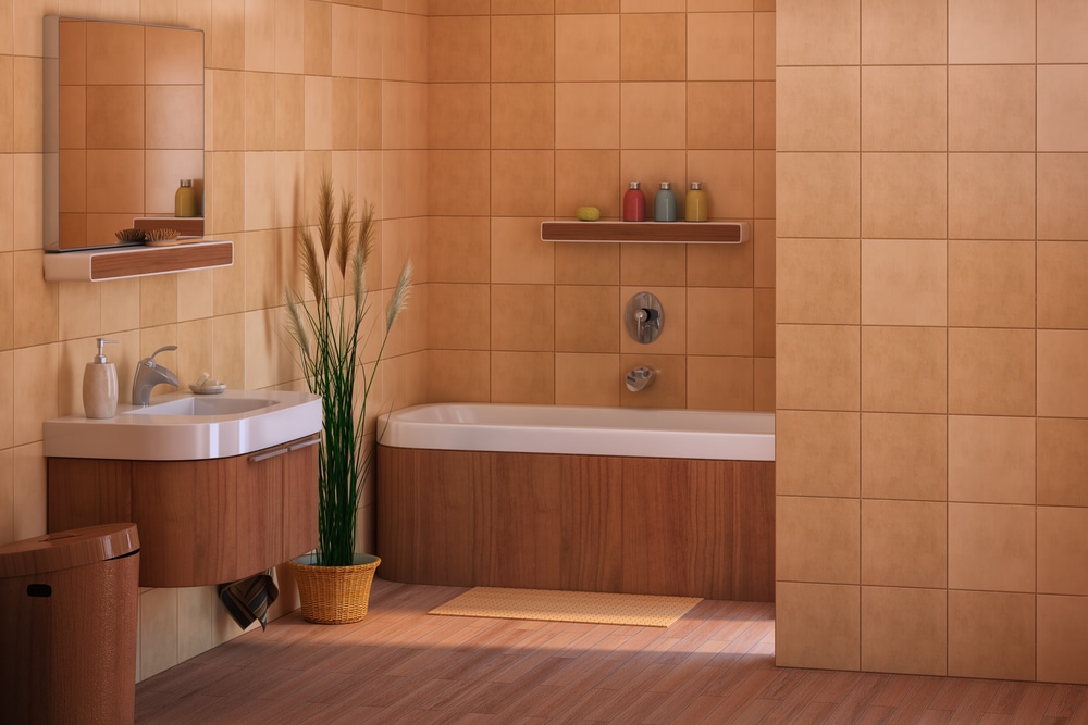 Detalle de cuarto de baño y tarima del suelo en madera de iroko
